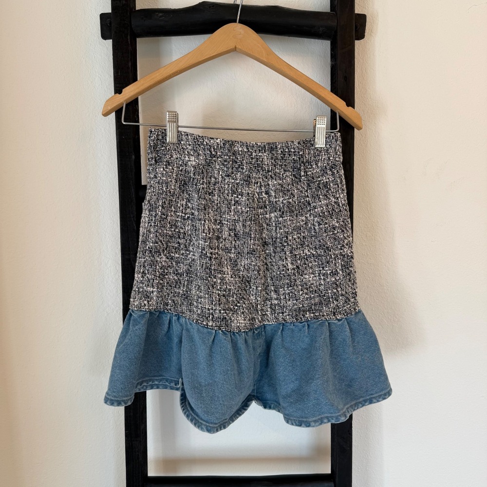 ZARA Tweed Denim Ruffle Skirt Women's XS Black White Blue - Picture 1 of 6